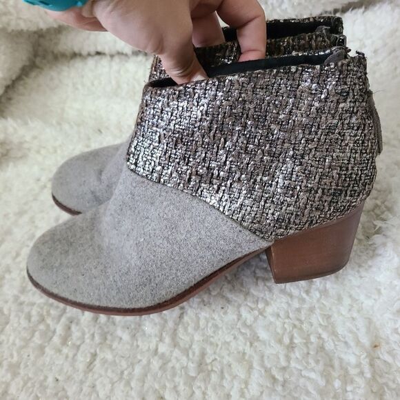 Toms Grey Bouclé Leila Ankle Block Heel Metallic Tweed Western Boho Boots - Picture 3 of 6